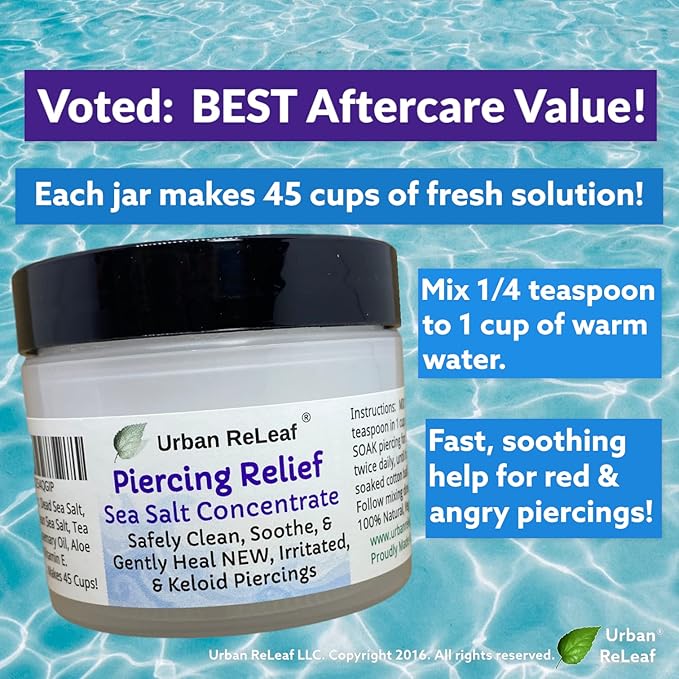 Urban ReLeaf PIERCING RELIEF Sea Salt Concentrate AFTERCARE ! Safely Clean, Soothe & Gently Calm New Irritated & Keloid Bump Piercings. Effective NON-iodized Dead Sea Salt, Tea Tree Rosemary