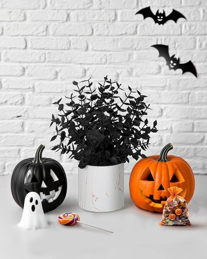 2 Pack Halloween Fake Plants Eucalyptus Potted, Black Artificial Plants, Black Decor for Home Desk Shelf Office Bathroom Coffee Table Halloween Decor
