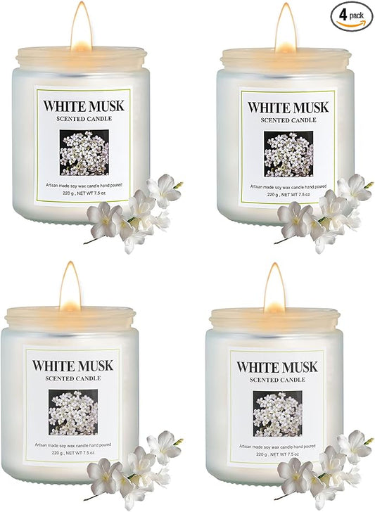 4 Pack White Musk Candle Set, 30 oz 200 Hour Home Aromatherapy Jar Candles, Long Lasting Aromatherapy Candles for Bedrooms Yoga Rooms Lounges Gardens Patios Balconies and Camping