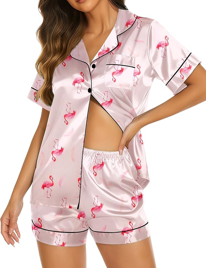 Ekouaer Silk Pajamas for Women Short Sleeve Sleepwear Soft Button Down Loungewear 2 Piece Satin Pjs Shorts Set S-XXL