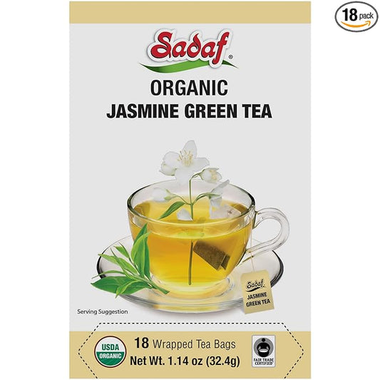 Sadaf Organic Jasmine Green Tea - Jasmine Tea Bags - Jasmine Flower Tea - Halal - Kosher - 18 Wrapped Tea Bags
