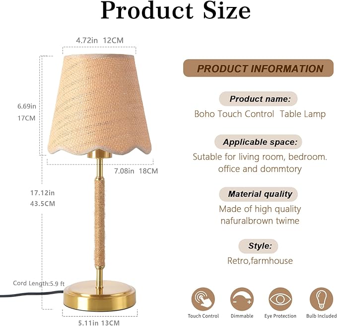Boho Table Lamp for Bedroom, Touch Control Bedside Table Lamp with Brass Gold Base, Rattan Small Table Lamp for Small Space, Boho Lamp Rattan Lamp, Rustic Desk Lamp for Kitchen Counter, Nightstand