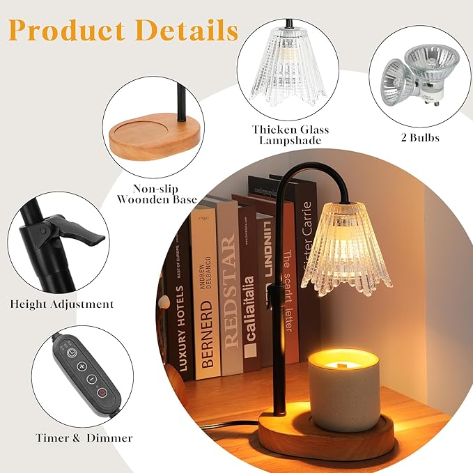 Candle Warmer Lamp with Timer, Dimmable Candle Lamp Warmer Height Adjustable, House Warming Gifts New Home Decor, Gifts for Mom Birthday Gifts for Women, Wax Warmer for Jar Candles