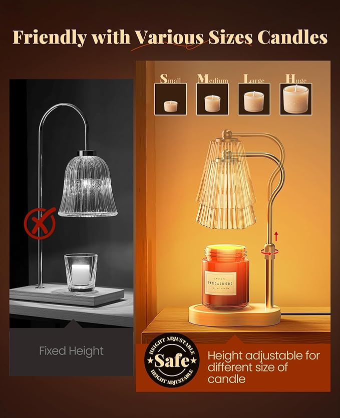 Candle Warmer Lamp, Wax Melt Warmer with 2 Bulbs for Scented Jar Candles, with Timer Dimmer Adjustable Height, Home Decor Gift for Girl Friend Mom Sister Women, No Flame No Smoke Warming Light, Amber