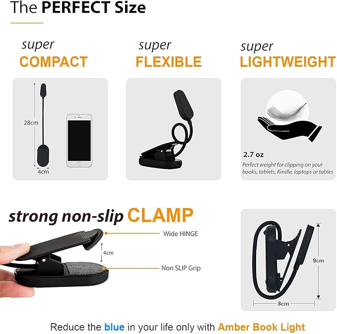 Amber Light + Giftable Amber Book Light - Blue Light Blocking - Night Reading Booklight Store. Rechargeable. 1600K for Reading in Bed at Night. Perfect as a Giftable Kindle Light and LED Book Light.