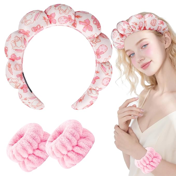 Zkptops Spa Headband for Washing Face Wristband Set Sponge Makeup Skincare Velvet Fabric Bubble Soft Get Ready Hairbands for Women Puffy Headwear Non Slip Thick Thin Hair Accessory(Pink Bow)
