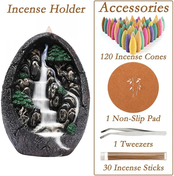Backflow Incense Holder Resin Mountain Incense Burner Fountain Waterfall Incense Holders Home Decor with 120 Pcs Backflow Incense Cones 30 Pcs Incense Sticks (Waterfall)