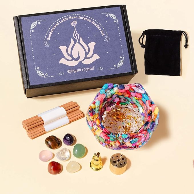 Incense Holder Burner 40 Incense Sticks Resin Crystal Lotus Flower Incense Holder for Inserting Incense Removable Ash Collector for Meditation Room and Home Decor (Colorful, 3.15")