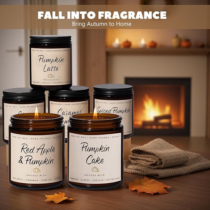 Auelife Fall Scented Candles - Pumpkin Candle Set of 6 | Ginger, Apple, Cake, Caramel, Latte & Spiced Pumpkin Soy Candles | Autumn Candle for Home Décor & Gifts for Women, Cozy Fall Aromatherapy