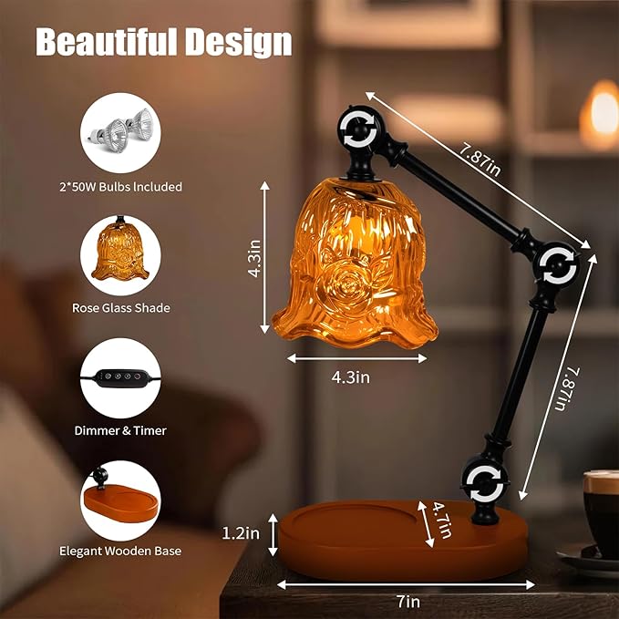 Candle Warmer Lamp, Dimmable Wax Melting Warmer with Adjustable Height, Bedroom Living Room Home Decor, Birthday Relaxation Gifts for Women (Amber, Flower)