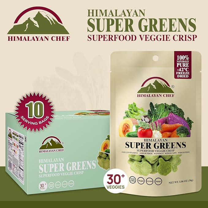 Himalayan Chef Superfood Veggie Crisp 30g each Freeze-Dried Super Greens Snack 30+ Organic Green Veggie Mix Protein-Rich, Nutrient-Packed, Gluten-Free