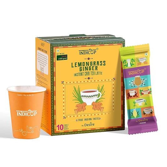 INDICUP Instant Chai Tea Latte Lemongrass Ginger Premix | True Indian Taste Tea Powder | Ready Mix Tea | 10 Single Serve Sachets | 220g (7.76 Ounce)
