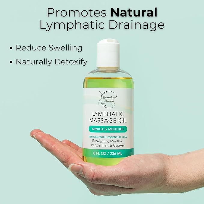 Lymphatic Drainage Massage Oil for Massage Therapy | Premium Quality, 100% Natural with Arnica Eucalyptus & Menthol | for Post Surgery Recovery & Detox | 8oz by Brookethorne Naturals