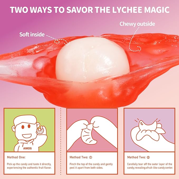 AMOS Peelerz Lychee Gummy Candy, Peelable Fruit-Shaped Candy, 8.47oz Box with 10 Individual Packs – Fun Peeling Gummy Snack Made with Real Juice