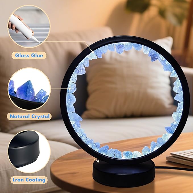 Crystal Night Light,3 Colors Ambient Lighting USB Dimming Healing Crystal Table Lamp,Natural Energy Crystal Decor for Bedroom Home Dating Gift (Blue, Circle)