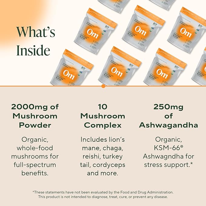 OM Mushrooms Master Blend Mushroom Powder – Organic Mushroom Supplement with 10 Mushrooms and Ashwagandha - Support Immunity, Gut Health & Stress Relief, 6.34 oz (80 Servings)