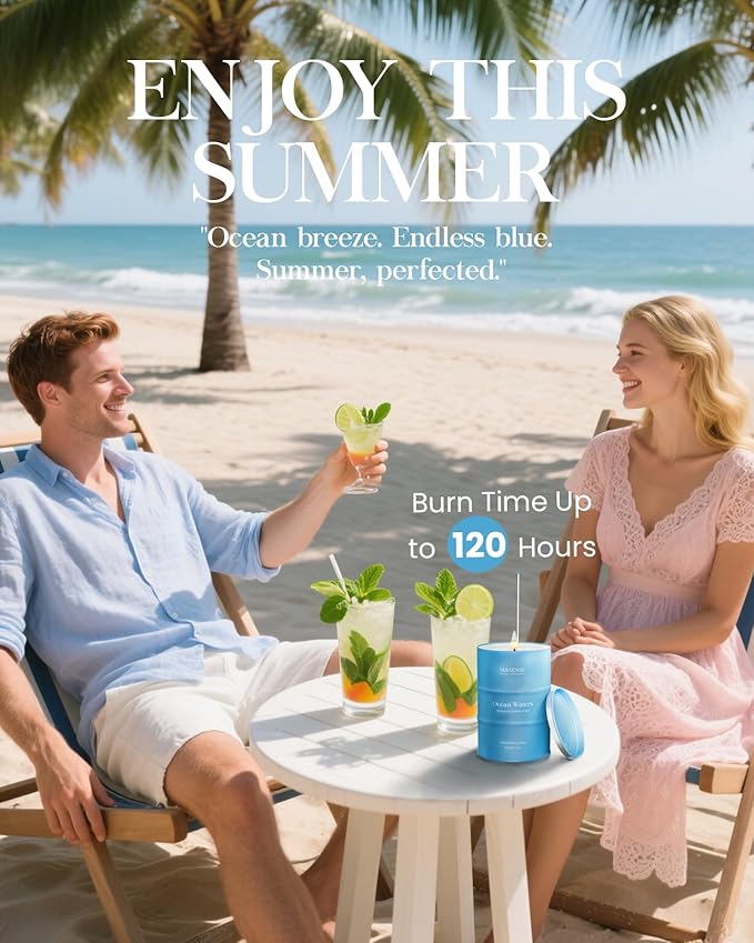 M&SENSE Ocean Waters Scented Candles Large Beach Candle, Summer Soy Candles 21.2oz 120 Hour Slow Burning,Aromatherapy Candle for Stress Relief Meditation Relaxing