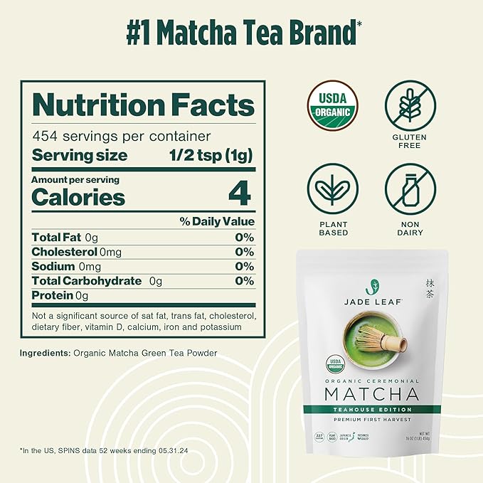 Jade Leaf Matcha Organic Ceremonial Grade Green Tea Powder - Farm Direct First Harvest - Authentic Japanese Origin (1 Pound Bulk Pouch)