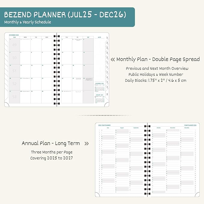 BEZEND Planner 2025-2026 Weekly and Monthly, 8.5" x 11" Academic Calendar (Jul 25-Dec 26) Vertical Daily Appointment with Hourly Timeslot & Monthly Tab, Spiral, PU Leather Softcover - Turquoise