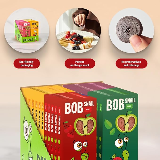 BOB SNAIL Healthy Organic Fruit Snacks for Kids and Adults – 60 Organic Fruit Roll Up Strips with Cherry, Mint, Pumpkin, Plum –Vegan Low-Carb Variety Pack Leather Strips for Kids–Sugar Free Jerky Bars