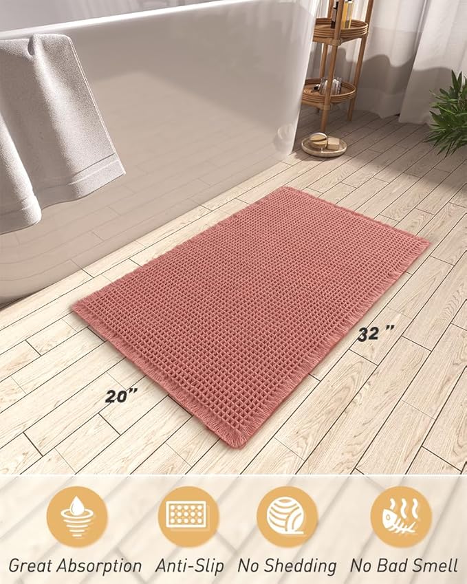 AMOAMI Upgraded Waffle Bath Mat, Super Absorbent Non Slip Bath Mats for Bathroom Floor, Machine Washable Bathroom Rugs with Tassels, Rubber Backed Bathroom Mats, Ultra Soft, 20" x 32", Coral