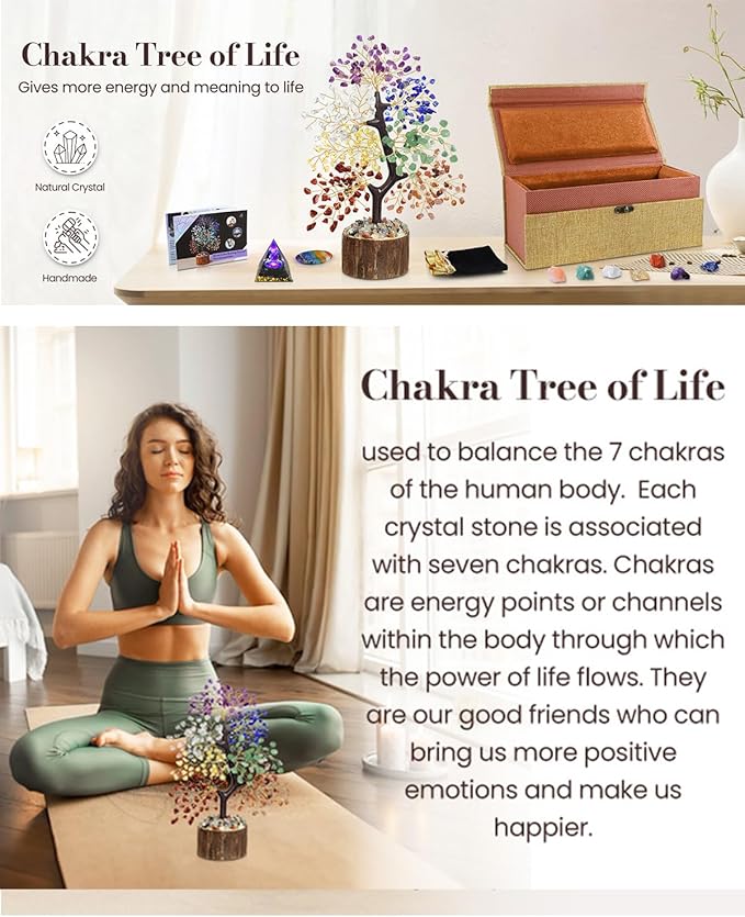 7 Chakra Crystal Tree of Life - Unique Birthday Gifts for Women, Chakra Crystal Trees for Home Decor, Office Desk Decor, Positive Energy Spiritual Cleansing Crystals and Healing Stones, Orgone Pyramid