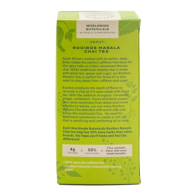 Worldwide Botanicals Rooibos Masala Chai Herbal Tea, 25 Tea Bags - Organic, Caffeine Free, Kosher, 50% More Herbs