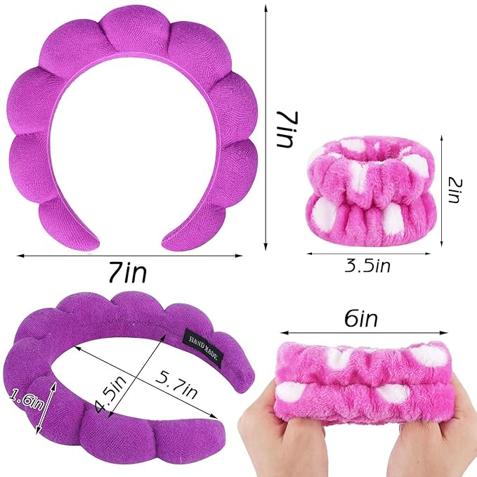 Zkptops Spa Headband for Washing Face Wristband Set Sponge Makeup Skincare Terry Cloth Bubble Soft Get Ready Hairband for Women Girl Puffy Padded Headwear Non Slip Thick Hair Accessory(Dark Purple)
