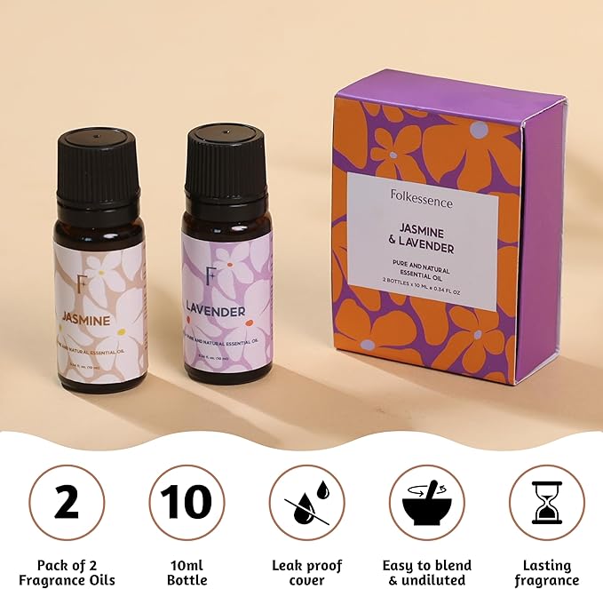 Folkulture Pure Essential Oils for Diffuser Oil | Jasmine & Lavender Essential Oils Set of 2 Fragrance Oil | Diffuser Scents for Home | Diffuser Essentials, Fragrance