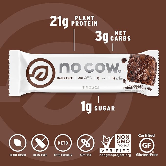 No Cow High Protein Bars, Chocolate Fudge Brownie - Healthy Snacks, 20g Vegan Protein, High Fiber, Low Sugar, Keto Friendly, Dairy & Gluten Free (12 Count)