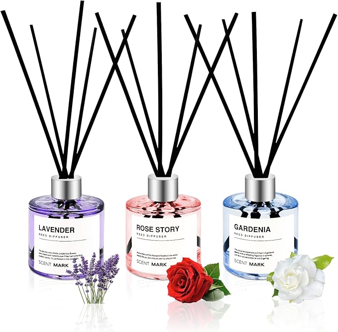 Reed Diffuser Set of 3 Pack,50ML Lavender Rose Gardenia Scented Oil Diffuser with 5 Sticks,Home Fragrance Reed Diffuser for Bedroom Bathroom Office (Lavender/Rose/Gardenia)