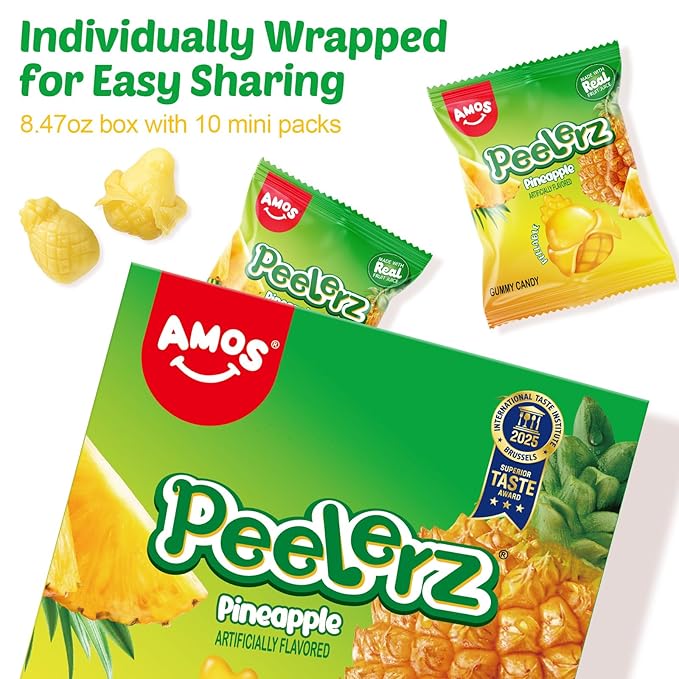 AMOS Peelerz Pineapple Gummy Candy, Peelable Fruit-Shaped Candy, 8.47oz Box with 10 Individual Packs – Fun Peeling Gummy Snack Made with Real Juice