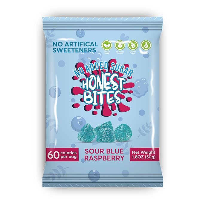 Honest Bites Low Sugar Sour Gummy Candy, Sour Blue Raspberry Flavor - Low Calorie, Keto Friendly, Low Sugar Snack for Diabetics, Zero Carb - 6 Pack