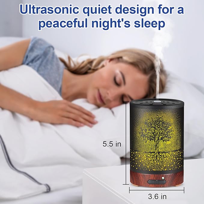 Essential Oil Diffuser- Aromatherapy Diffuser with7 Colors Light and Auto-Off for Women Metal Cool Mist Humidifier for Home and Office(Tree)