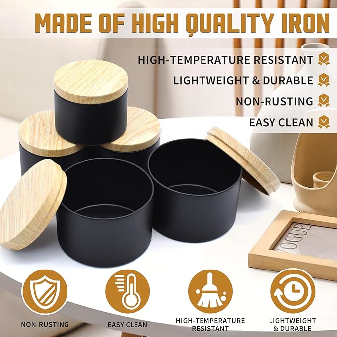 24-Pack Candle Jars, 12pcs 8oz + 12pcs 4oz Candle Tins with Metal Wood-Grain Printing Lids, Empty Candle Jars for Making Candles Bulk Candle Containers - Black