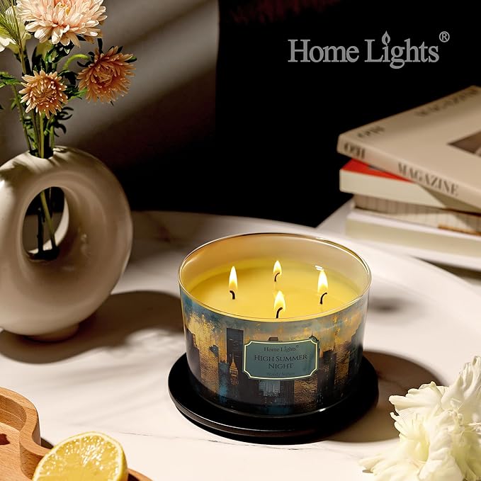 HomeLights High Summer Night Scented Candles | 18oz Soy Candles Industrial Chic 4-Wick Large Candle Jars | Ideal Candle Gifts for Events, Home Decor Stress, Relief & Relaxation