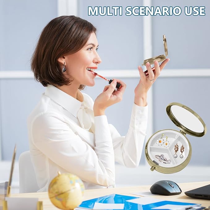 Hion Pill Case Pill Box with Mirror Retro Small Pill Case for Purse or Pocket Bronze Pill Box or Vitamins, Fish Oil, Supplements, Pill Containe Travel Gifts (2PCS)