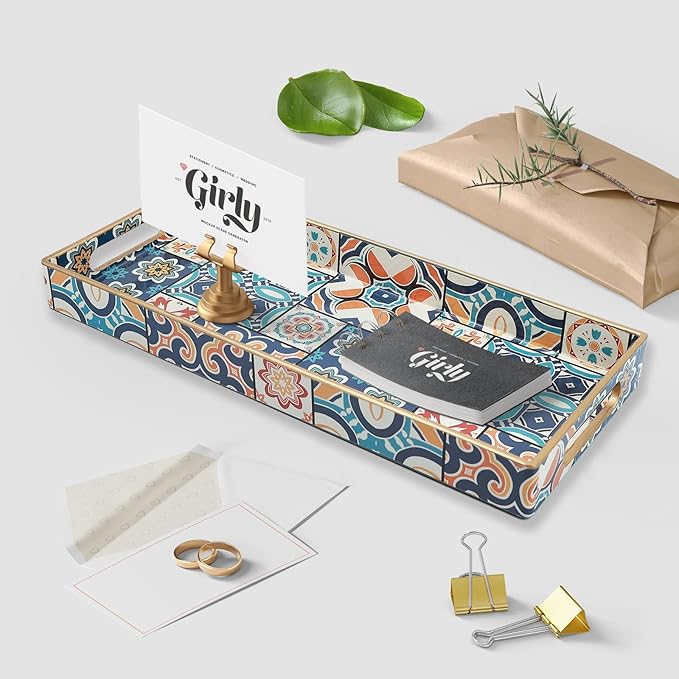 Bathroom Vanity Tray for Countertop, Small Plastic Toilet Tank Tray Versatile Storage & Organization Tray for Makeup, Perfume, Desk, Kitchen, Candles, 13.7"x6"x1.4", 35Boho2