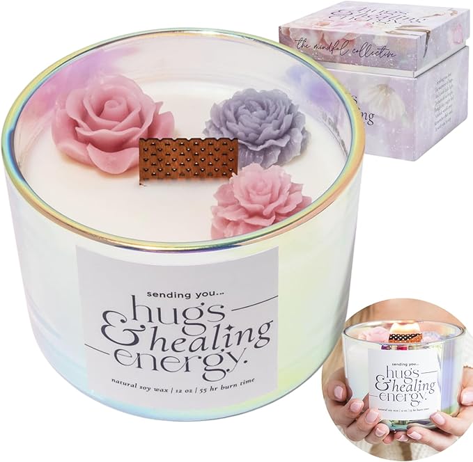 Hugs and Healing Energy Sympathy Candle. 12oz Wooden Wick Candle with Natural Soy Wax. Memorial, Grief Gift for Loss of Loved One, Get Well Soon Gift with Iridescent Glass Jar & Floral Design