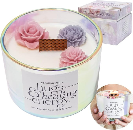 Hugs and Healing Energy Sympathy Candle. 12oz Wooden Wick Candle with Natural Soy Wax. Memorial, Grief Gift for Loss of Loved One, Get Well Soon Gift with Iridescent Glass Jar & Floral Design