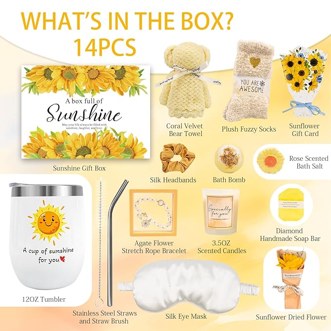 Birthday Gifts for Women, Sunflower Self-Care Package, Sending Sunshine Get Well Gifts for Women, Her, Sister, Mom, Best Friends, Unique Relaxation Spa Basket Perfect for Valentine's Mother's Day
