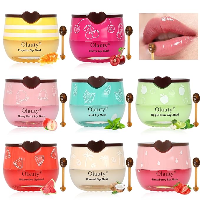 8 PCS Bee Lip Balm Lip Mask Honey Pot, Propolis Lip Mask Overnight Moisturizing Lip Balm with Stick, Sleeping Lip Mask Hydrating Prevention Dry & Cracked,Reduce Lip Lines Lip Scrubs Exfoliato Lip Care