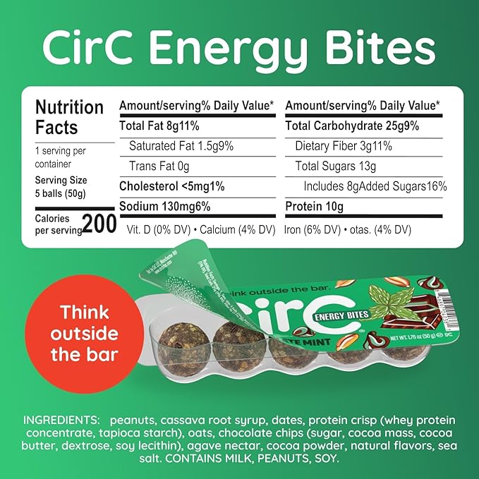 CirC Energy Bites - 12 Pack Mint Chocolate Chip Gluten Free Protein Balls - 10g Protein, Whole Grains, Nuts & Fruit - Portable Healthy Snacks for Adults & Kids, 5 Piece Resealable Packs