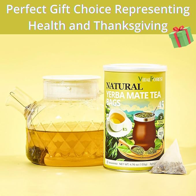 45 Yerba Mate Tea Bags, VitalForest Unsmoked Yerba Mate from Rainforest, Energy Burst Yerba Tea