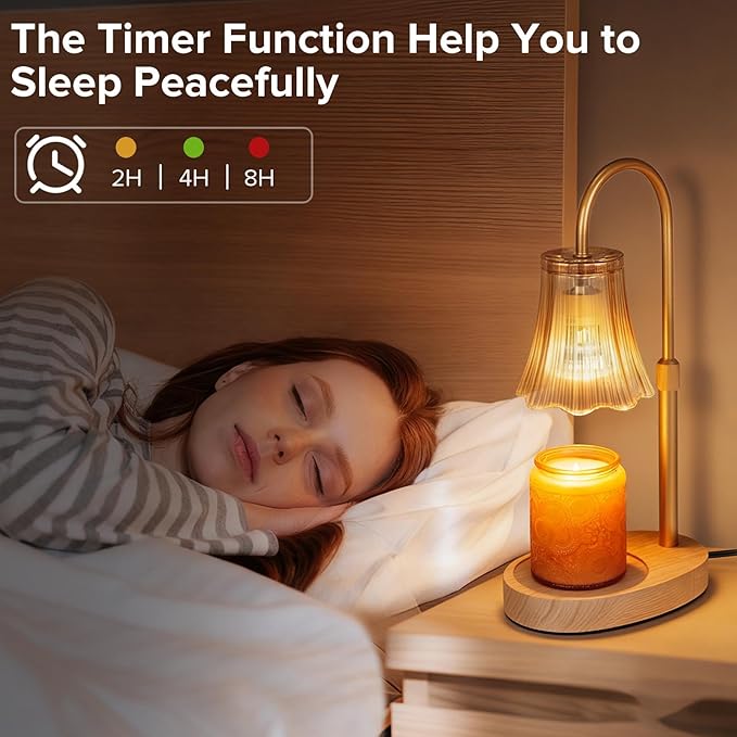 Candle Warmer Lamp with Timer, 4-Level Dimmable & Height Adjustable,Wax Melt Warmer for Jar Candles, Unique Design Enhances Home Ambiance (Amber)