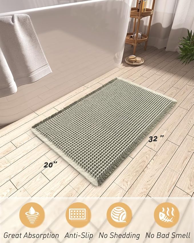 AMOAMI Upgraded Waffle Bath Mat, Super Absorbent Non Slip Bath Mats for Bathroom Floor, Machine Washable Bathroom Rugs with Tassels, Rubber Backed Bathroom Mats, Ultra Soft, 20" x 32", Green & Cream