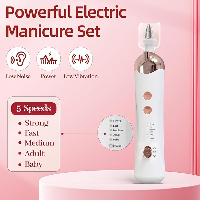 Cordless Electric Nail File Set, Portable Electric Nail Drill Machine,Professional Manicure Pedicure Kit, 5 Speeds Hand Foot Care Tool for Calluses, Thick Nails, Grind, Trim, Polish