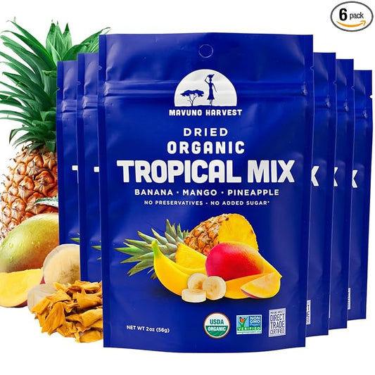 Mavuno Harvest Tropical Mix Dried Fruit Snack | Unsweetened Organic Mixed Dried Fruit | Gluten Free Healthy Snacks for Kids and Adults | No Sugar Added, Vegan, Non GMO | 2 Ounce, Pack of 6