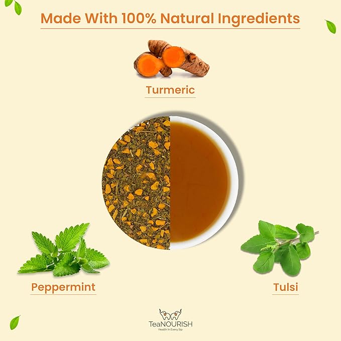 TeaNOURISH Turmeric Mint Tulsi Herbal Tea | Indian Superfoods | Blend of Turmeric, Tulsi & Peppermint | Immune Support | 100% NATURAL INGREDIENTS - 3.53oz/100g