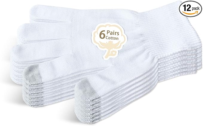 Evridwear Unisex Moisturizing Cotton Gloves with Touchscreen Fingertips for Eczema Beauty Cosmetic Dry Hands Sensitive Irritated Skin Therapy Overnight Bedtime, 6 Pairs, Lightweight-White, XS